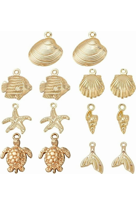 PH 14K Gold Plated Ocean Theme Charms 14pcs 7 Styles Sea Life Charms Gold Shell Fish Starfish Tortoise Charm Pendant Summer Beach Charm for Necklace Bracelet Jewelry Making Gold DIY