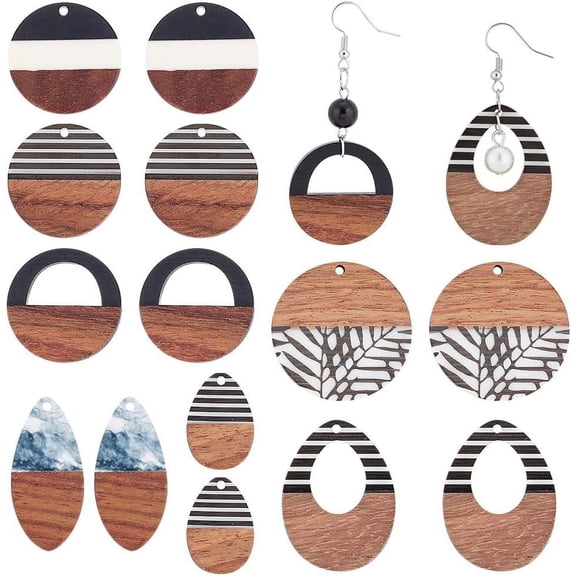 PH 14PCS Resin Wood Earring Pendants 7 Styles Walnut Vintage Earring Teardrop and Flat Round Statement Jewelry Resin Wood Earring Making Kit for Jewelry Making DIY Crafts for DIY