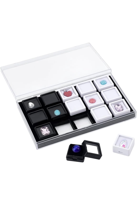 PH 15 Grids Gemstone Display Box Charm Display Tray Gem Box Stone Organizer Jewellery Display Box with Lid Container for Mini Gemstones Diamond Collection Organizer 1" Inner Demension White DIY