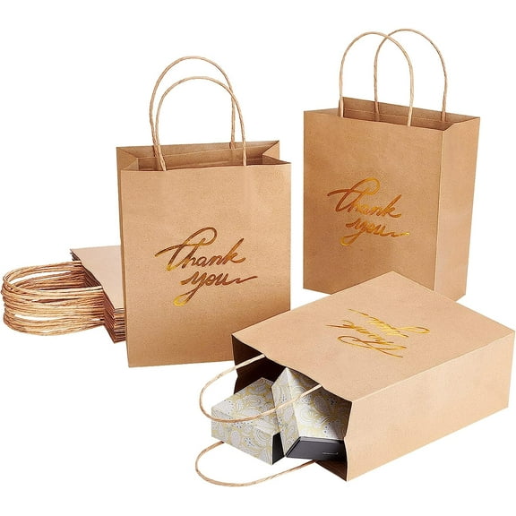 PH 15 Pack Thank You Bags 8x4x10 Inch Kraft Gift Bags Gold Foil Paper Bags Recycled Bags Party Favor Bags for Thanksgiving Christmas Wedding Birthday Baby Shower Party Favors Goodies for DIY