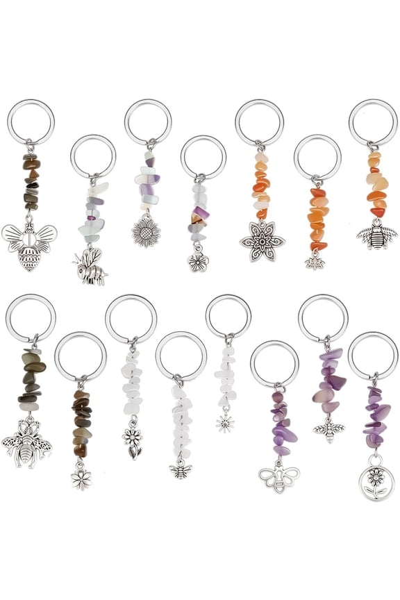 PH 15 Styles Natural Gemstone Keychain Bees Butterflies Keyring Flower Charm Key Chains Spring Bag Charms Key Ring with Insects Pendant for Women Handbag Purse Backpack Car Keys Platinum