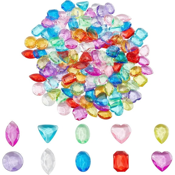 PH 150pcs Pirate Treasure Gems 10 Colors Jewelry Glass Gems Transparent Acrylic Beads 8 Styles Colored Jewels Bulk for Home Table Scatters Vase Fillers Decoration Pirate Party Favors Colorful