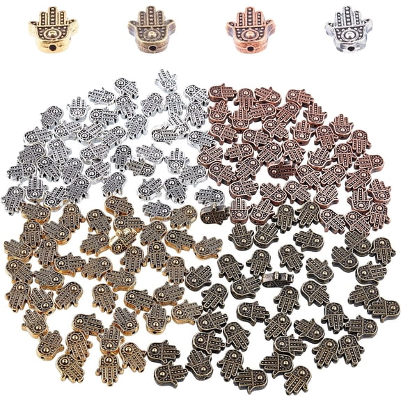 PH 160pcs 4 Colors Hamsa Hand Beads Hand of Miriam Beads Spacers Tibetan Loose Connector Charm Beads for DIY Bracelet Necklace Jewelry Making Colorful DIY