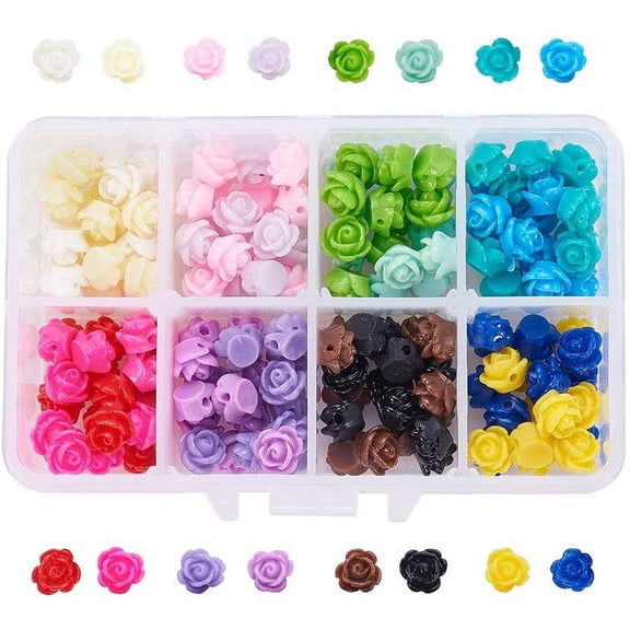 PH 160pcs 8mm Rose Flowers Beads 16 Colors Flat Base Resin Beads Flower Jewelry Beads Embellishments Flower Flatback Cabochons for Sunglasses Scrapbooking Necklace Bracelet Jewelry Making Colorful