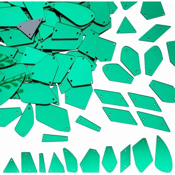 PH 180pcs 10 Shapes Sew on Mirrors Green Mirrors Irregular Acrylic Mirror DIY Mirrored Rhinestones 2~3 Hole Mirror Piece Loose Bead Links for Evening Dress Party Bags Cloth Garment Crafts Green