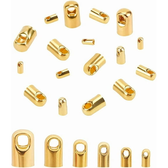 PH 180pcs 6 Sizes Gold Cord Ends Caps Brass Bead Loop Barrel Clasp Crimp Beads Tassel Cap Cord Link Buckle for Necklace Bracelet Making for DIY