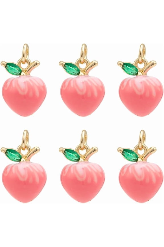 PH 18K Gold Plated 3D Peach Charms 6pcs Brass Enamel Peach Pendant with Cubic Zirconia Pink Cute Enamel Fruit Pendant Charms for DIY Jewelry Bracelets Earrings Necklaces Crafts Salmon