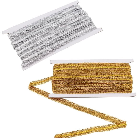 PH 2 Colors 30 Yards Lace Trim 5/8 inch Wide Christmas Ribbon Trim Golden Lace Ribbon Silver Woven Fabric Trim for Christmas Wedding Party Decoration Crafts Sewing for DIY