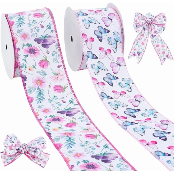 PH 2 Rolls Floral Wired Edge Ribbon 19.6 Yards x 2.5inch Butterfly Flower Ribbon Summer Decorative Craft Ribbons for Wreath Hair DIY Gift Wrapping Birthday Wedding Party Decor Colorful
