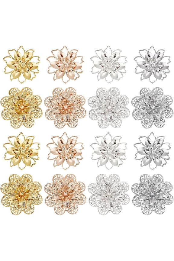 PH 2 Shapes 4 Colors Rhinestone Filigree Charms Filigree Flower Connectors Openwork Filigree 3D Charms for DIY Hair Clips Headbands and Earrings Jewelry Production for DIY