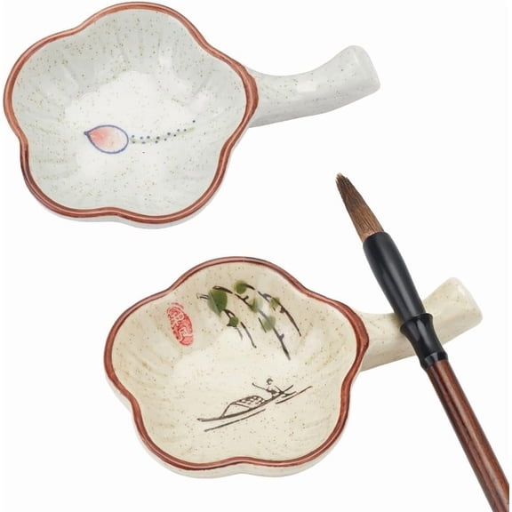 PH 2 Styles Flower Ceramic Ink Plate Porcelain Ink Dish with Handle Multifunctional Inkwell Dish Calligraphy Brush Rest Holder for Writings Chinese Calligraphy Japanese Painting Practice for DIY