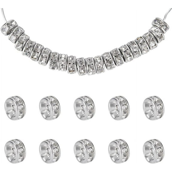 PH 20 Pcs 6x3mm Flat Round 316 Stainless Steel Rondelle Rhinestone Spacer Beads for Jewelry Making Stainless Steel Color Silver