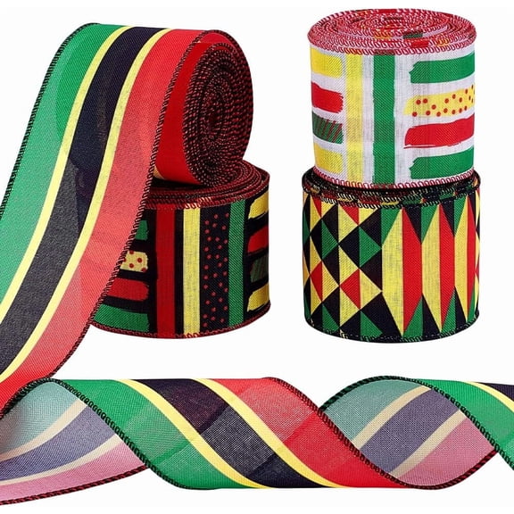 PH 20 Yards 4 Styles Kwanzaa Ribbon Black History Ribbon African American Kwanzaa Wreath Bows for Front Door Kwanzaa Party Decor Indoor Outdoor Wall Tree Topper Ornament 64mm Multi-color