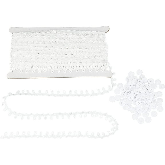 PH 20 Yards Gimp Braid Trim Buttonhole Trim Fringe Lace White Braid Trim with Elastic Button Loops 100pcs Sewing Buttons Sewing Trim Embellishment for Wedding Dress Bridal Costume Crafts White