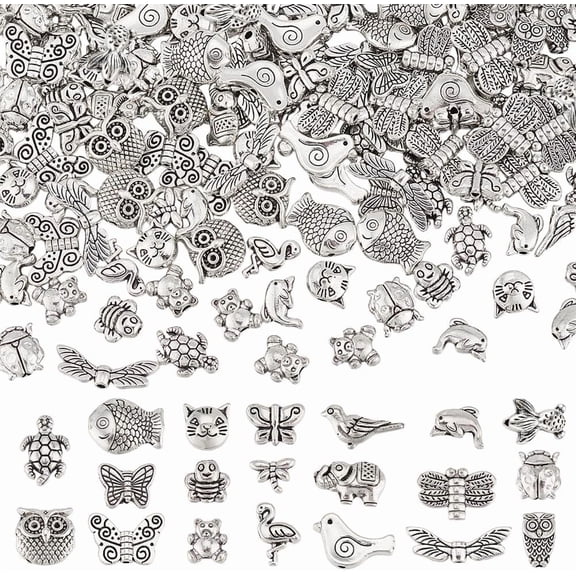 PH 200PCS 20 Styles Tibetan Silver Bead Metal Spacer Beads Alloy Butterfly Owl Bird Dragonfly Bees Beads Charms Animal Loose Spacer Bead for DIY Women Jewelry Crafts Making Supplies Silver