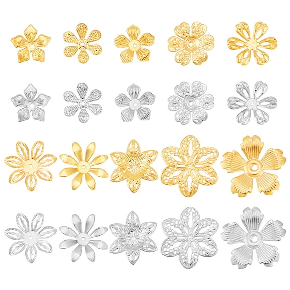 PH 200pcs 10 Styles Flower Bead Caps 16~34mm End Caps Large Flower Spacer Beads Filigree End Beading Findings for Earrings Hairpins Pendants Crafts
