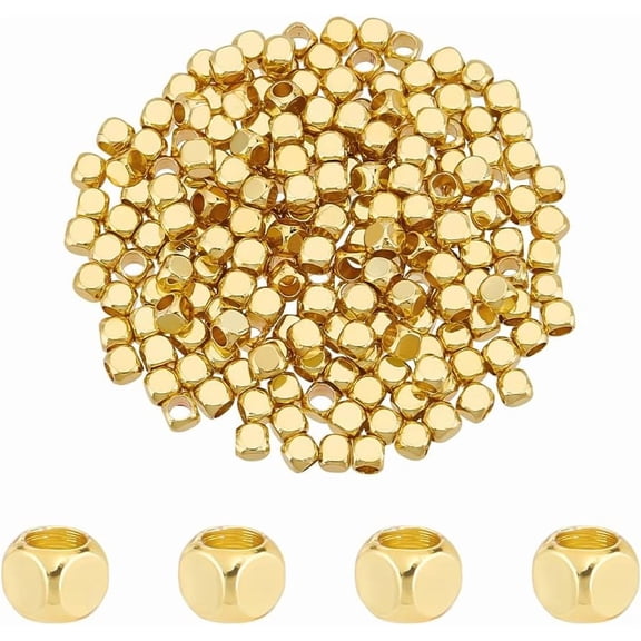 PH 200pcs 3mm Cube Beads 18K Gold Plated Beads Spacers Brass Cornerless Cube Metal Bead Small Square Loose Spacers for DIY Crafts Stackable Bracelet Necklace Earring Jewelry Making Gold