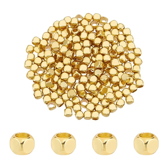 PH 200pcs 3mm Cube Beads 18K Gold Plated Beads Spacers Brass Cornerless Cube Metal Bead Small Square Loose Spacers for DIY Crafts Stackable Bracelet