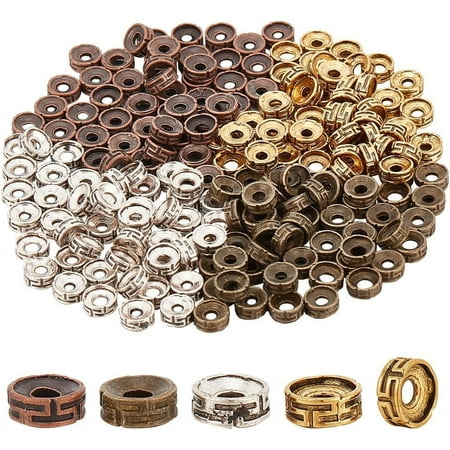 PH 200pcs Tibetan Spacer Beads 4 Colors Flat Round Beads 7.5x3mm Carved Roundelle Spacer Beads Metal Alloy Beads Loose Beads for Jewelry Bracelet Necklace Earring Making Hole 2.5~3mm colorful