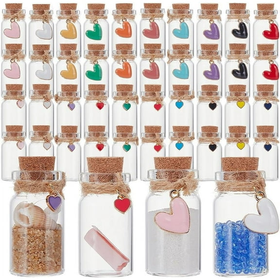 PH 20PCS Mini Glass Jars Decorative Bottles with Heart Enamel Charm Wishing Bottles Corked Glass Bottles Sand Art Message Bottle for Christmas Valentine Mother Wedding DIY Craft Favor colorful