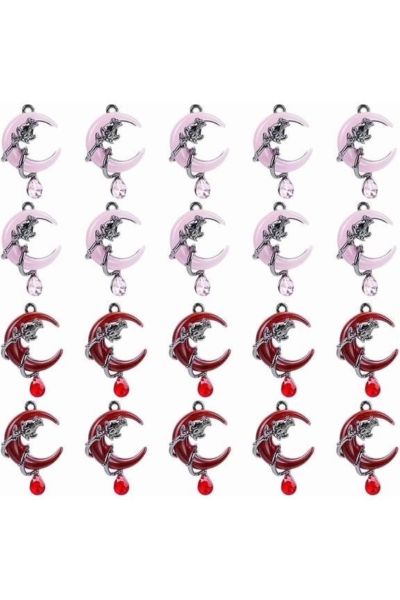PH 20pcs 2 Colors Moon Charms Moon Teardrop Rose Charms Red Pink Rhinestone Pendants Gunmetal Metal Rose Flower Pendants for DIY Earrings Necklaces Bracelets Gothic Jewelry 1.3 inch Colorful