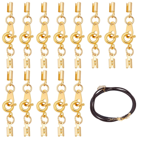 PH 20pcs Cord End Caps with Spring Clasp 35mm Long Crimp End Tips Fold Over Cord Clasps Golden Necklace Ends Cap with Ring Connector