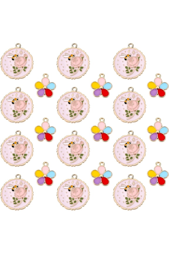 PH 20pcs Flower Enamel Charms 2 Style Pink Rose Pendants Spring Summer Plant Charms Alloy Dangle Charms Beads Colorful Flower Pendants for Necklace Bracelet Earrings DIY Jewelry Making Colorful