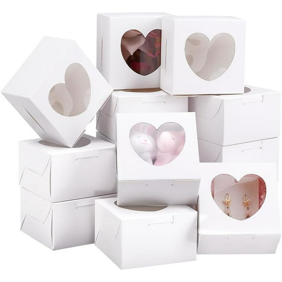 PH 20pcs Gift Boxes with Heart Window 4x4x2.5inch Heart Cookies Boxes Kraft Paper Boxes for Party Favor Treats Present Packaging Box for Candy Bakery Soap Making White