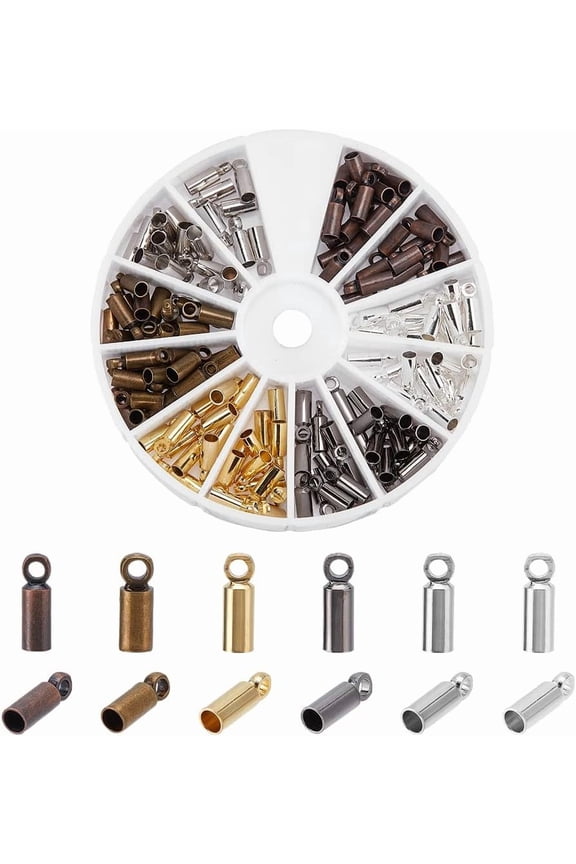 PH 210pcs Cord End Caps 6 Colors Brass Glue-in Leather Cord Terminators Small Barrel End Tip with Loop Ring for 2mm Jewelry Making colorful DIY