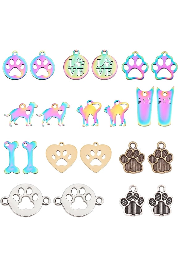 PH 22pcs Dog Paw Charms Dog Cat Pendants Pet Bear Footprint Pendant Rainbow Metal Animal Charms Hollow Paw Charm for Jewelry DIY Necklace Earring Making Multi-color