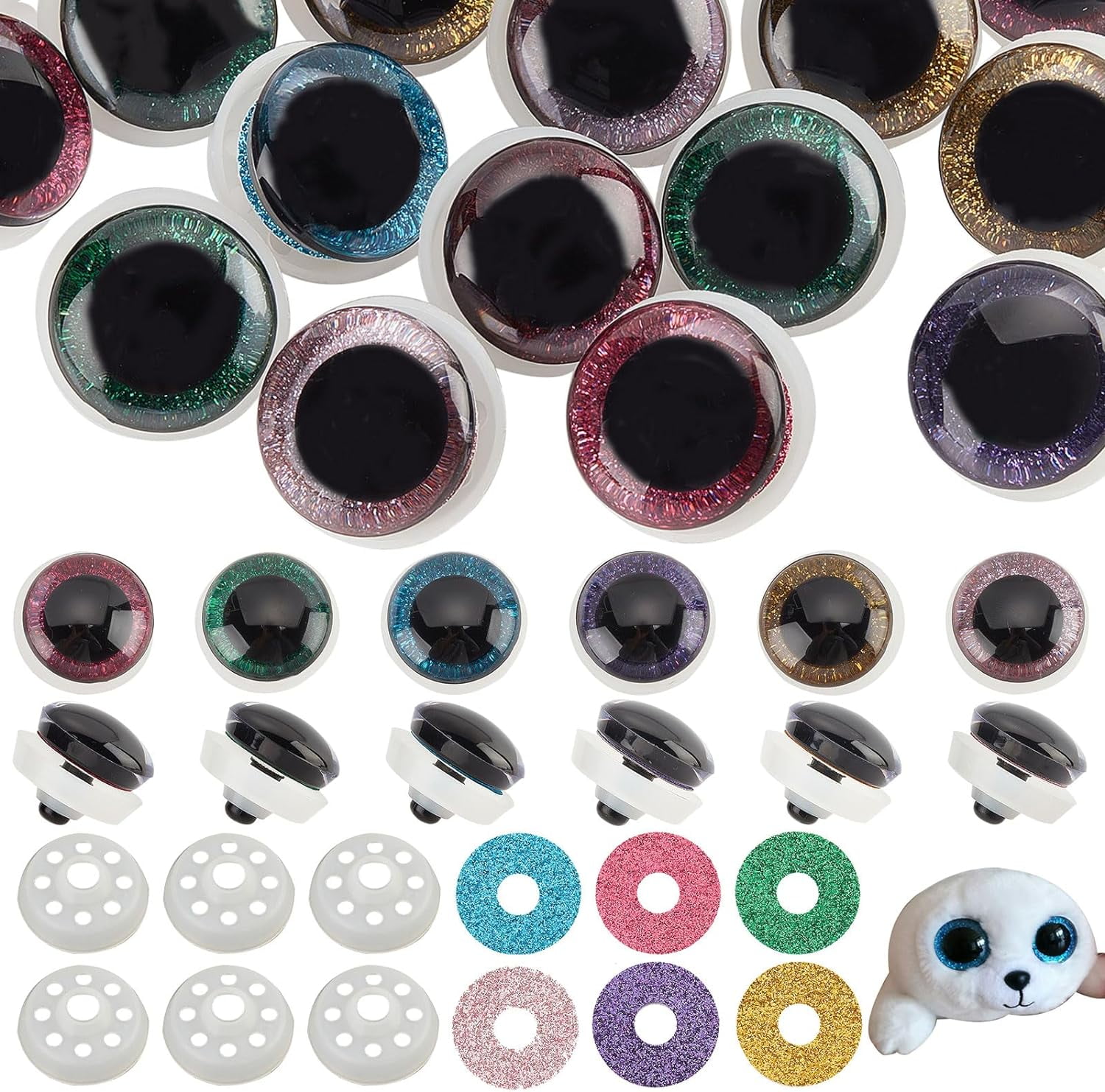 PH 24 Sets Plastic Safety Eyes 6 Colors Stuffed Glitter Animal Eyes 35mm Craft Crochet Eyes for Teddy Bear Amigurumi Craft Puppet Plush Animal Making colorful