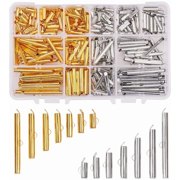 PH 240pcs Slide On End Clasp Tubes Slider End Caps Crimp End Tube Slider Clasp for Bead Loom Slide Tube End Bar for Multi-Strand Necklace Bracelet