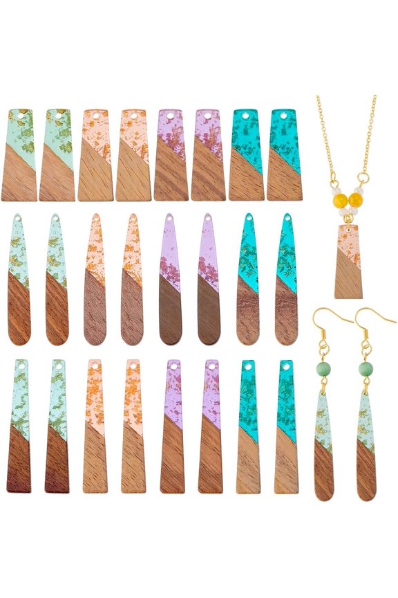 PH 24pcs 3 Styles Resin Wood Charms Resin Pendants Wood Charms Resin Art Pendants 1.2~1.7" Teardrop Trapezoid Charms for Necklace Making Earring Charms for Jewellery Making DIY Crafts Colorful