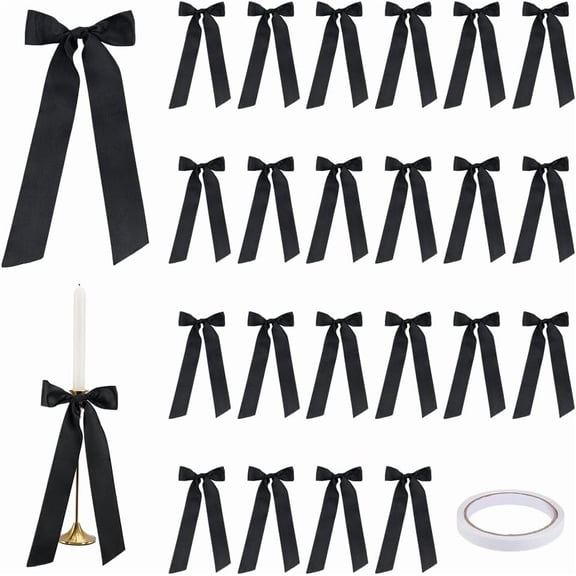 PH 24pcs Candlestick Bows Decor Black Pre-Tied Bowknot with Double Adhesive 11.8 inch Large Ribbon Bowknot Decoration Satin Ribbon Bows for Candle Table Gift Wrapping Home Party Black DIY