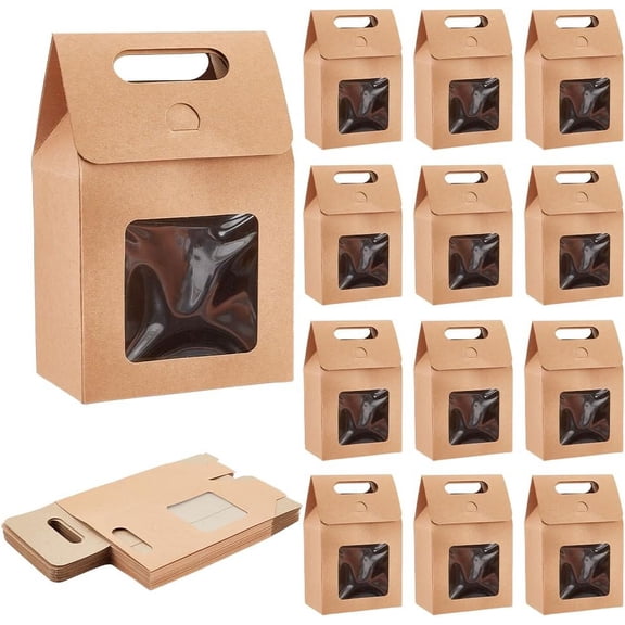 PH 24pcs Goodies Boxes Small Gift Boxes Gable Candy Treat Box Kraft Paper Box with Clear Windows for Bread Donuts Cookie Chocolate Birthday Wedding Valentine (2.3x3.9x3.7 inch) Brown