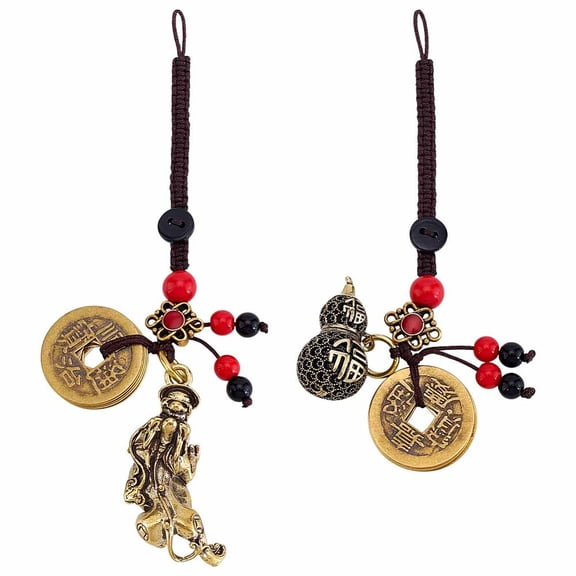PH 2PCS Chinese Wu Lou Keychain with Five Coins Beautiful Gourd Keychains Lucky Keychain Set Chinese Knot Lucky Charms