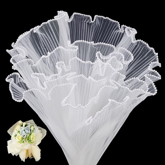 PH 2Pcs 8.75 Yards Flower Wrapping Paper White Flower Wrap Bouquet Wrapping Net Floral Packaging Mesh Wrap Roll with Double Wrinkle Waves for Floral Supplies Gold