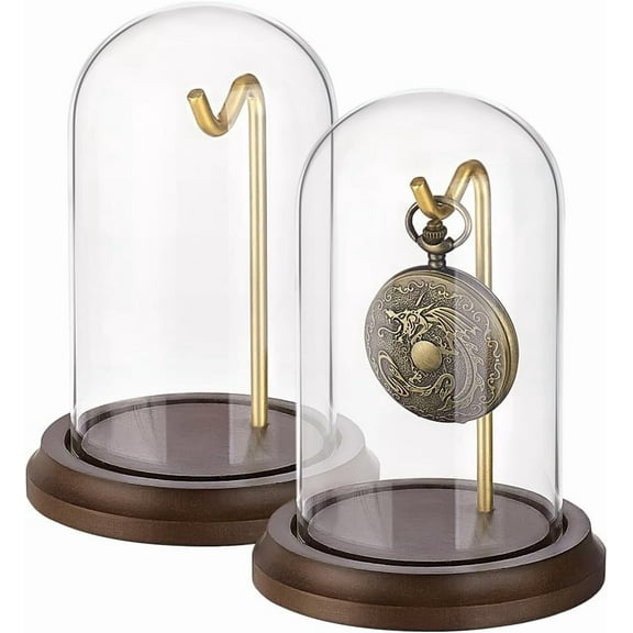 PH 2pcs 4x5 inch Pocket Watch Display Dome Cloche with Metal Hook Decorative Watch Display Jar with Wood Base Glass Display Dome Showcase for Pocket Watch Medals Collectibles Photos Ornament Brown