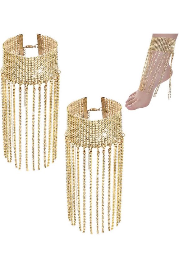 PH 2pcs Rhinestone Ankle Bracelets Dangle Anklet Tassel Diamond Chain Anklet Glitter Tennis Foot Chain Fringe Anklet for Women Parties Wedding Jewerly Accessories Gold DIY