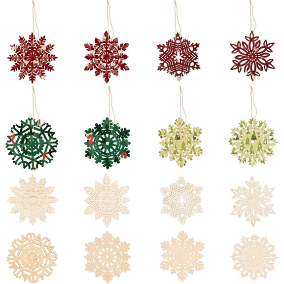 PH 3 Inch Wood Snowflake Cutout 8 Styles Unfinished Wooden Snowflake Ornaments Big Christmas Hanging Decorations with Hemp Ropes for DIY Holiday Festival Wedding Party Ornaments Beige