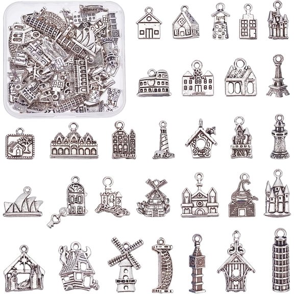 PH 30 Styles House Charms 60pcs Architecture Charms Alloy Tibetan Style Eiffel Tower Classic Silver Home Charms Beads for Keychain Jewelry Crafts Zipper Bag Chain Silver