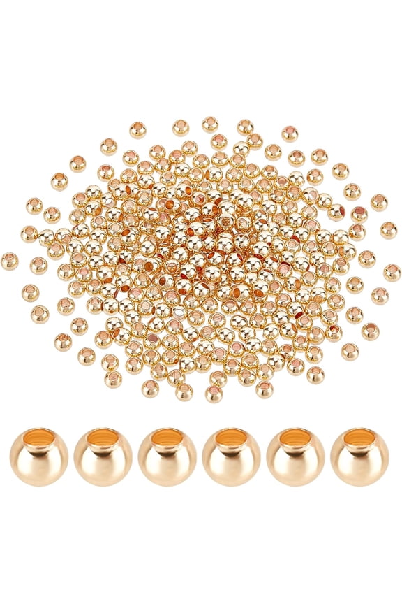 PH 300pcs 14K Gold Plated Spacer Beads 2.4mm Long-Lasting Loose Connector Beads Round Smooth Brass Beads Seamless Ball Beads for DIY Summer Necklace Bracelet Jewelry Making Metal Golden