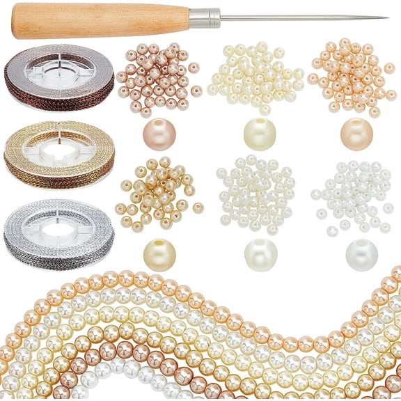 PH 300pcs 6 Colors 6mm Glass Pearl Beads Craft Pearl Beads Loose Spacer Beads with 32 Yards 3 Colors Beading Cord Wire 1pc Bead Punch for Wedding DIY Crafts Jewelry Bracelets Necklace Making for DIY