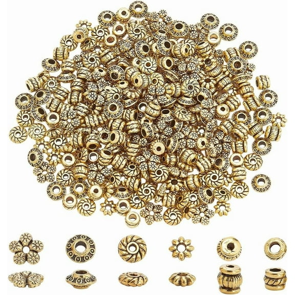 PH 300pcs Tibetan Spacer Beads 6 Style Golden Spacers Alloy Metal Tube Beads Flower Flat Rondelle Small Loose Beads for Bracelet Necklace Earring Jewelry Making Supplies Gold