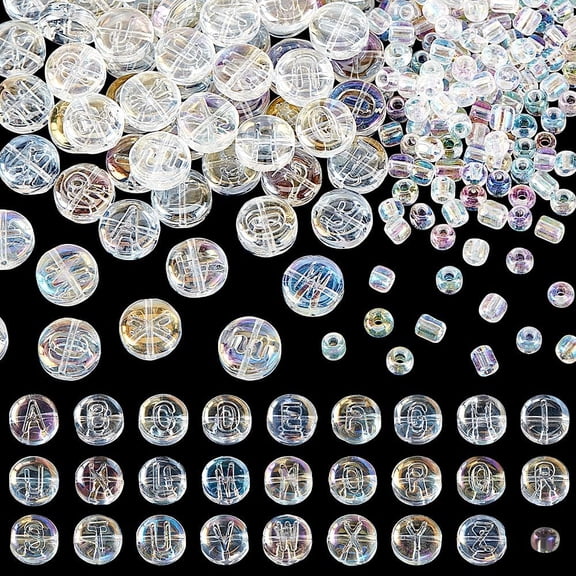 PH 304pcs Transparent Colored Alphabet Beads Glass Letter Beads for Bracelets 10mm AB Color Flat Round Alphabet Beads Small Spacer Beads for Jewelry Making DIY Crafts