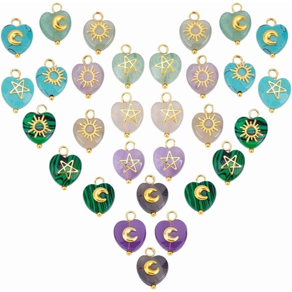 PH 30Pcs Heart Stone Charms 5 Styles Natural Gemstone Pendants Amethyst Turquoise Charms Heart Pendant with Golden Sun Star Moon Paterns for Women Jewelry Making 10x14mm Golden