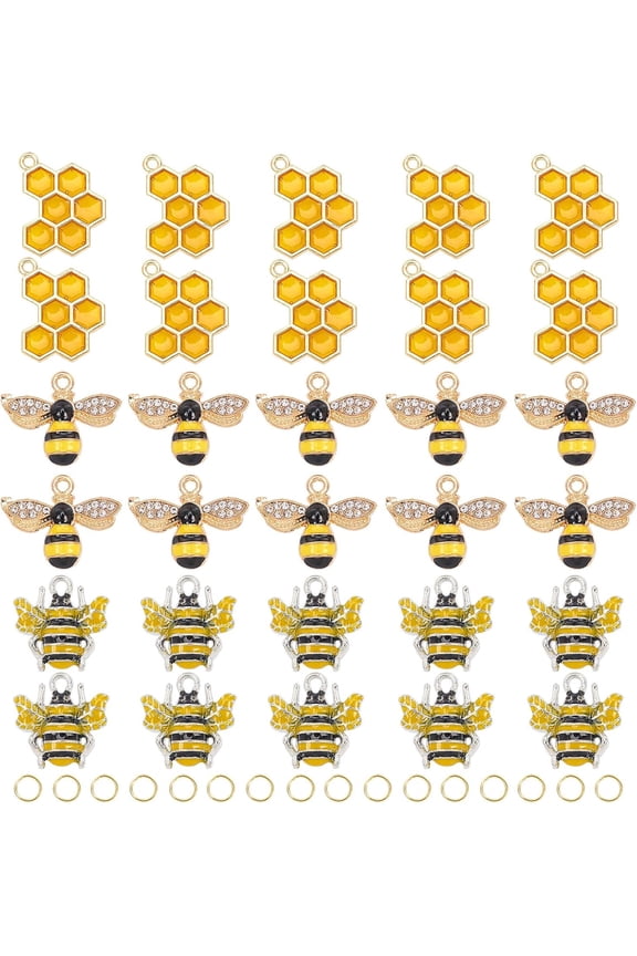 PH 30pcs 3 Styles Bees Charms Pendants Animal Bees Honeycomb Enamel Charm with 5g Jump Rings for Necklace Bracelet DIY Crafts Jewelry Making Accessories for DIY