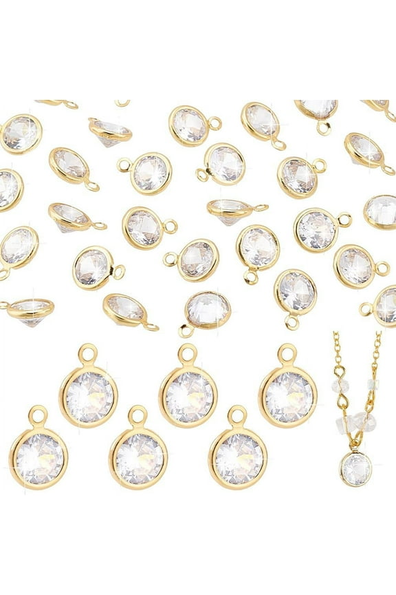PH 30pcs Cubic Zirconia Charms 8mm Mini 18K Gold Plated Brass Flat Circular Transparent Charm Rhinestone Pendant for DIY Jewelry Making of Necklaces Earrings Bracelets Round Clear