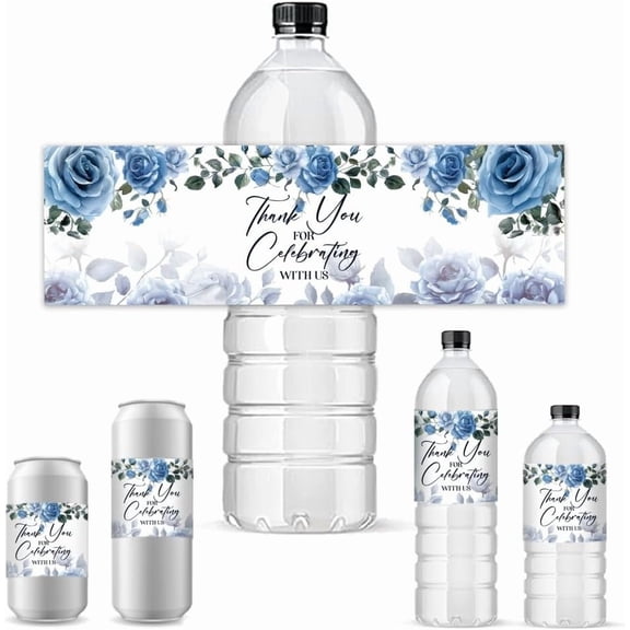 PH 30pcs Water Bottle Labels Blue Roses Thank You Stickers for Wedding Bottel Wraps for Shower Celebration Self Adhesive Bottle Labels for Birthday 8.5x2.5 inches Colorful