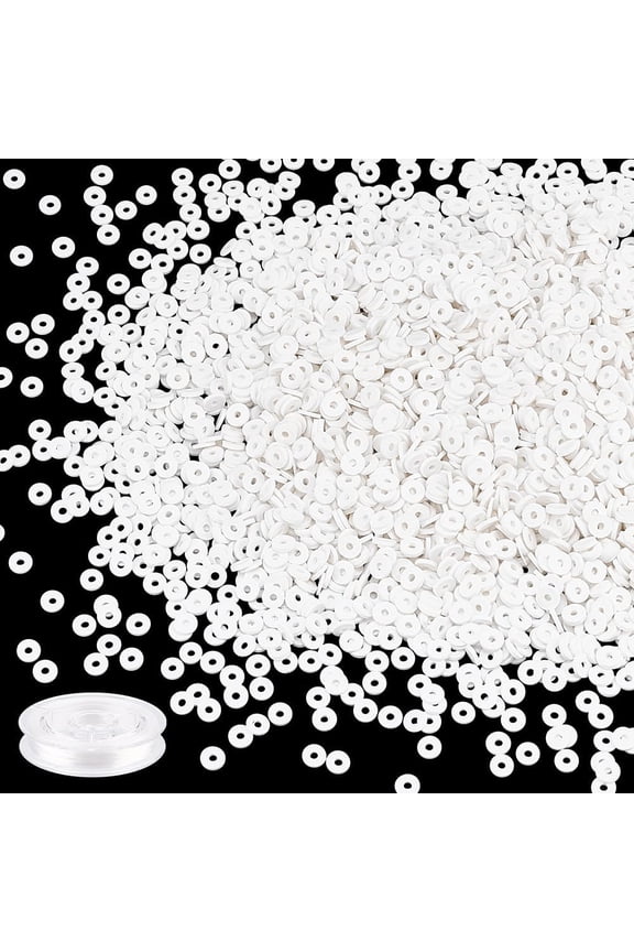 PH 3290pcs White Heishi Clay Beads 6mm Polymer Clay Beads Flat Round Beads Vinyl Disc Beads with 10.9 Yards 0.8mm White Elastic Thread for Bracelet Necklace Jewelry Making Summer Surfer diy